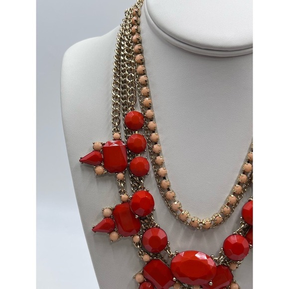 J. Crew Red Pink Peach Gold Tone Layered Multi Strand Rhinestone Necklace - Picture 2 of 14